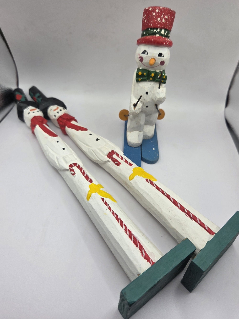 Set of 3 Hand Painted Wooden Snowman Christmas Holiday Figurines Multicolor